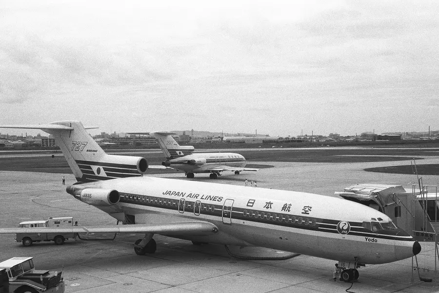 The Japan Air Lines Boeing 727 Yodo at Fukuoka Airport, August 1969.
