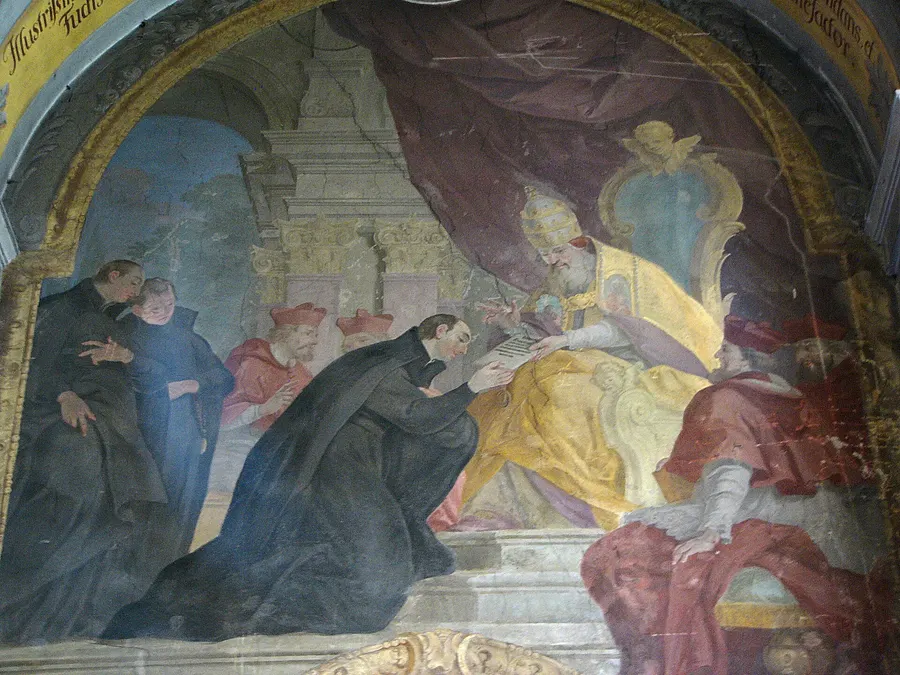 Ignatius of Loyola receives the bull Regimini militantis Ecclesiae from Pope Paul III, in an 18th-century fresco by Johann Christoph Handke in Olomouc.
