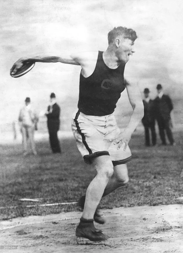 Jim Thorpe throwing the discus at the 1912 Olympic Games in Stockholm.