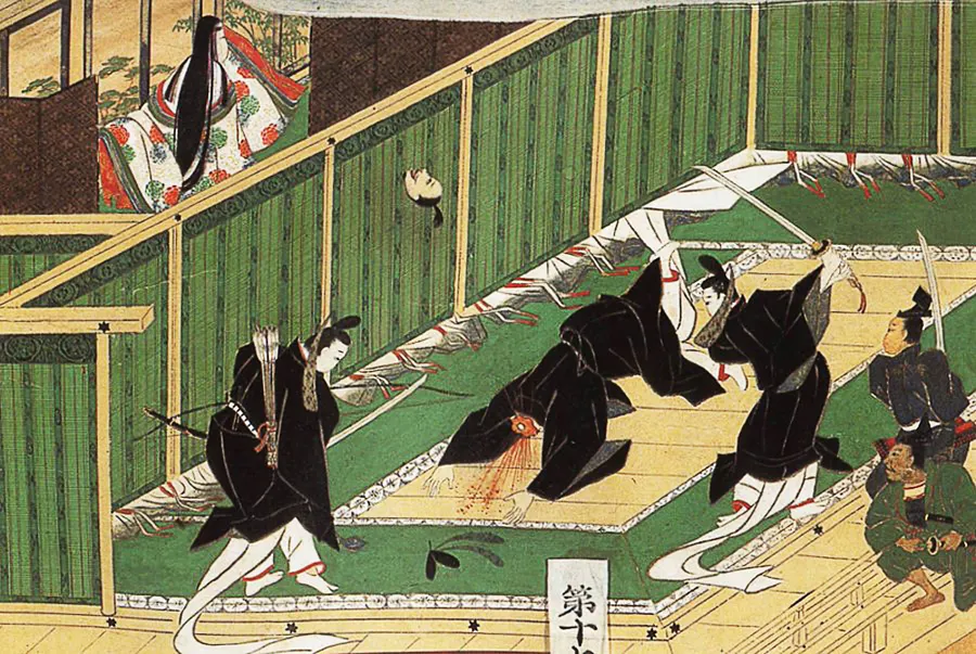 An Edo-period picture scroll by Sumiyoshi Gukei showing the killing of Soga no Iruka at the Japanese court