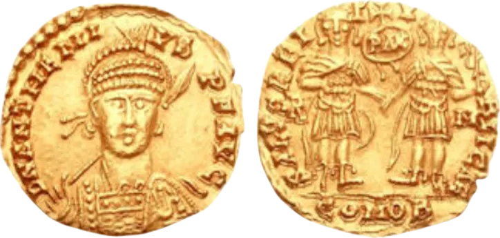 A gold solidus of Anthemius, with the emperor on the front and two emperors standing together on the back