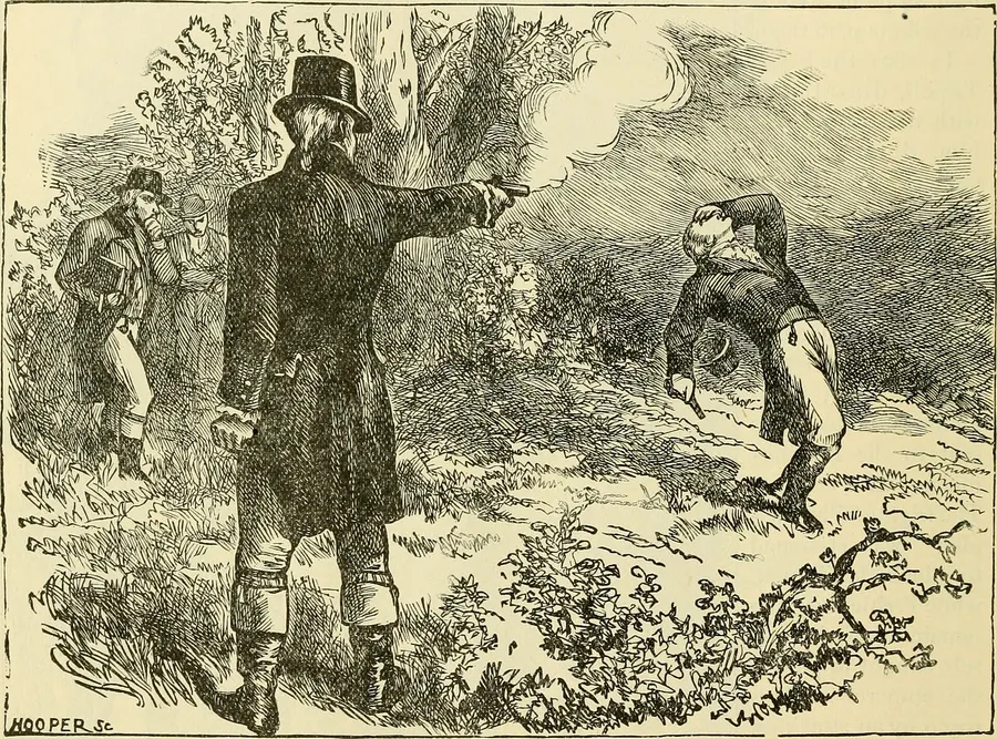 Burr's shot strikes Hamilton at Weehawken, in a 19th-century book engraving