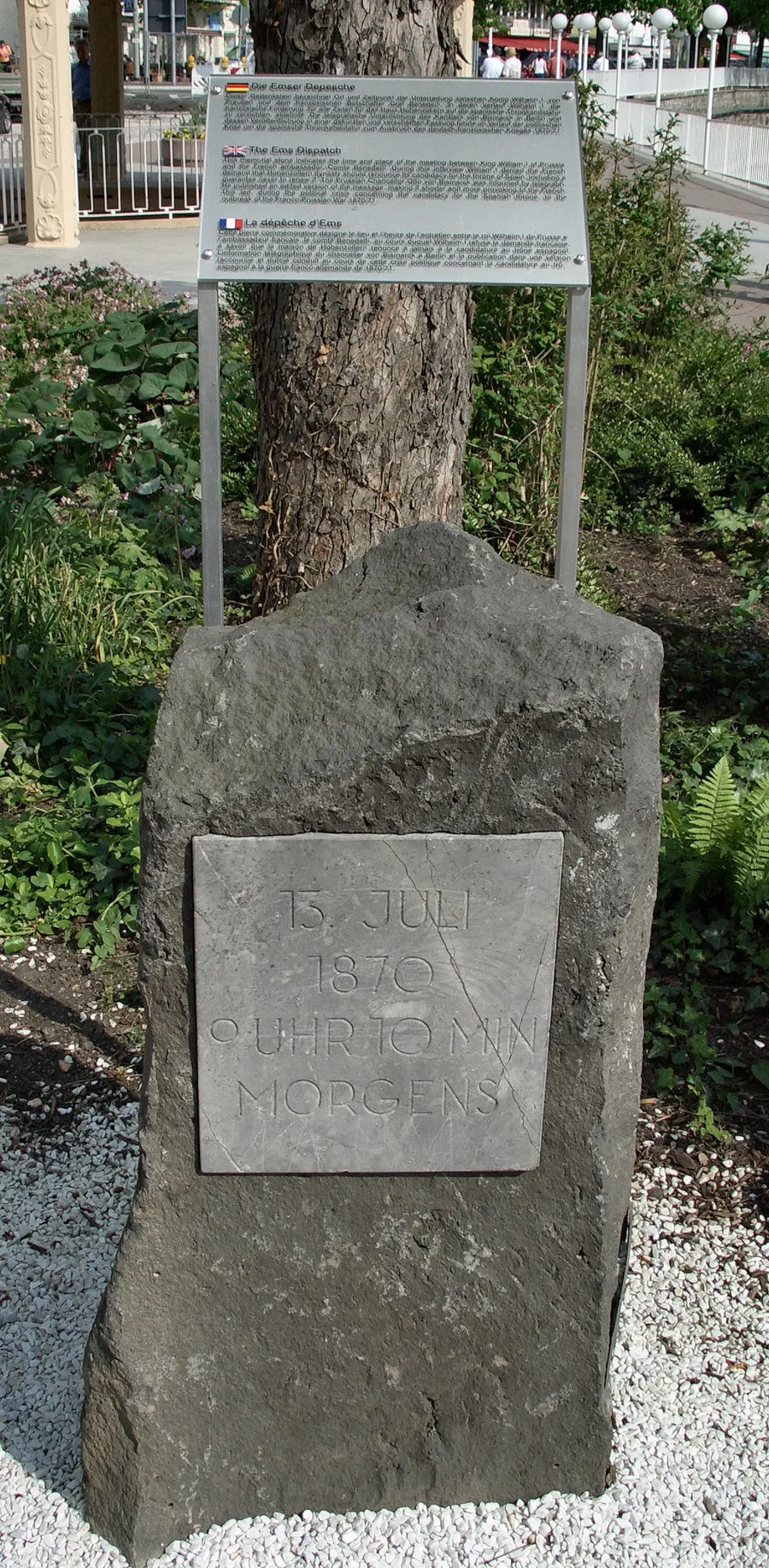 The memorial stone in the spa gardens at Bad Ems marking where King William met the French ambassador