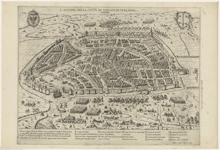 A bird's-eye view of Haarlem and its surroundings during the Spanish siege, 16th-century print