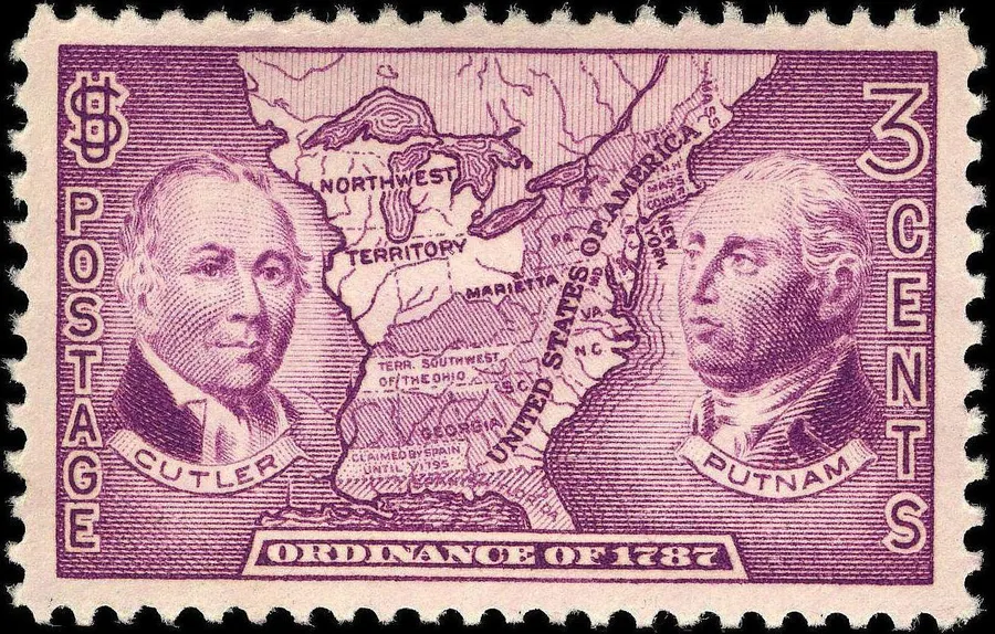 A US stamp of 1937 for the ordinance's 150th anniversary, showing Manasseh Cutler, Rufus Putnam and a map of the territory