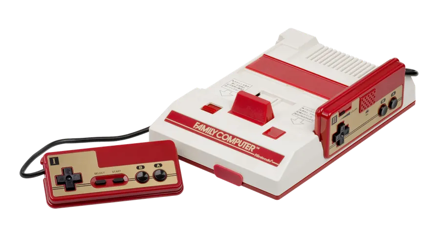 The Nintendo Family Computer, or Famicom, with one of its hard-wired controllers