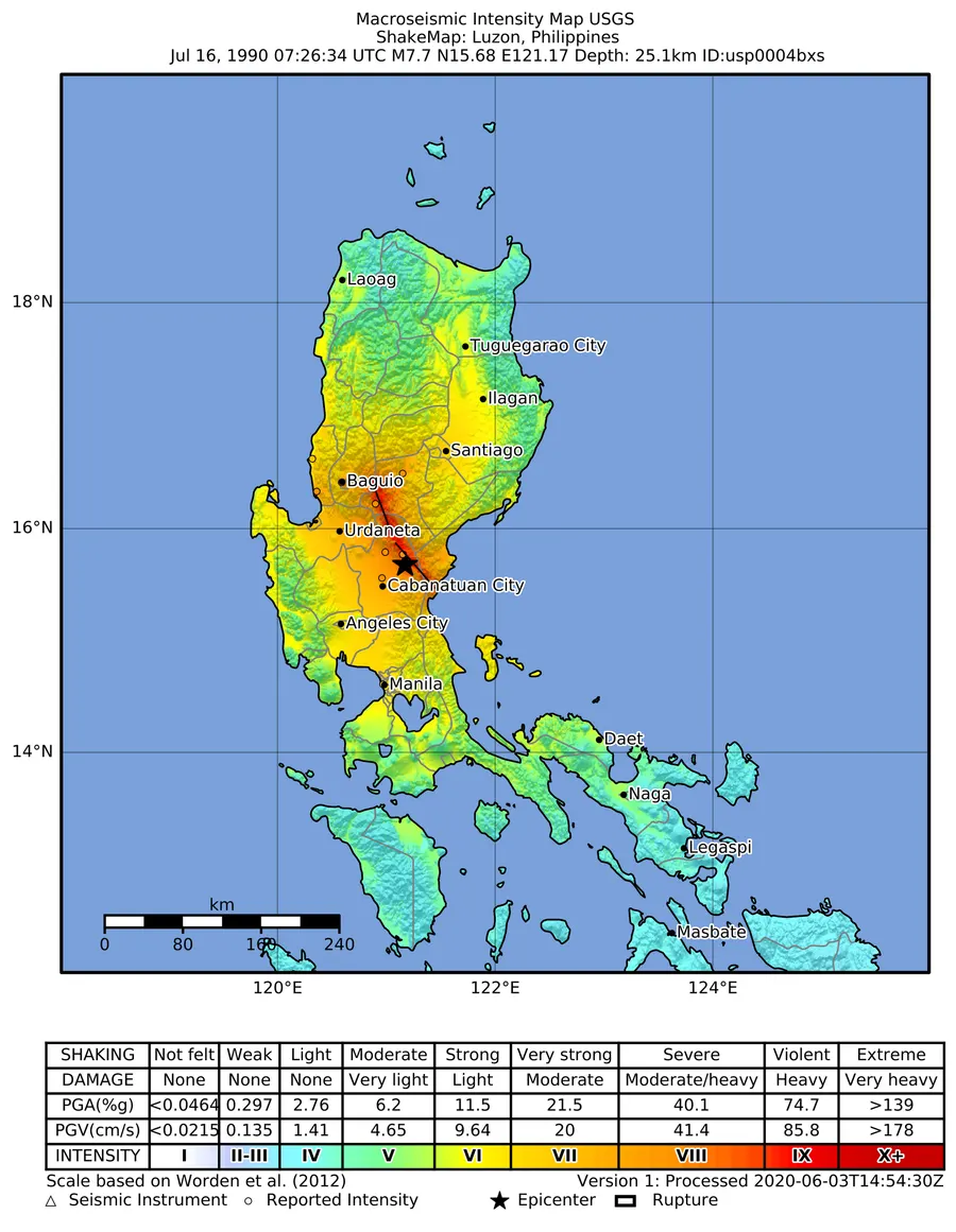 A US Geological Survey map of the intensity of shaking across Luzon in the earthquake of 16 July 1990