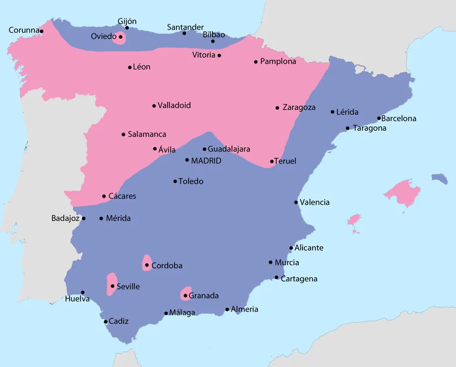 Spain after the rising of July 1936, with the areas held by the rebels in pink and by the Republic in blue
