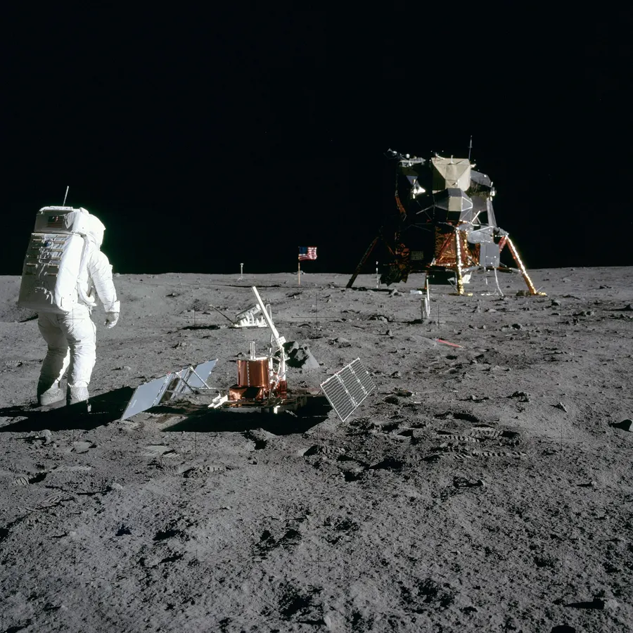 Buzz Aldrin on the Moon, photographed by Neil Armstrong, with the lunar module Eagle behind him