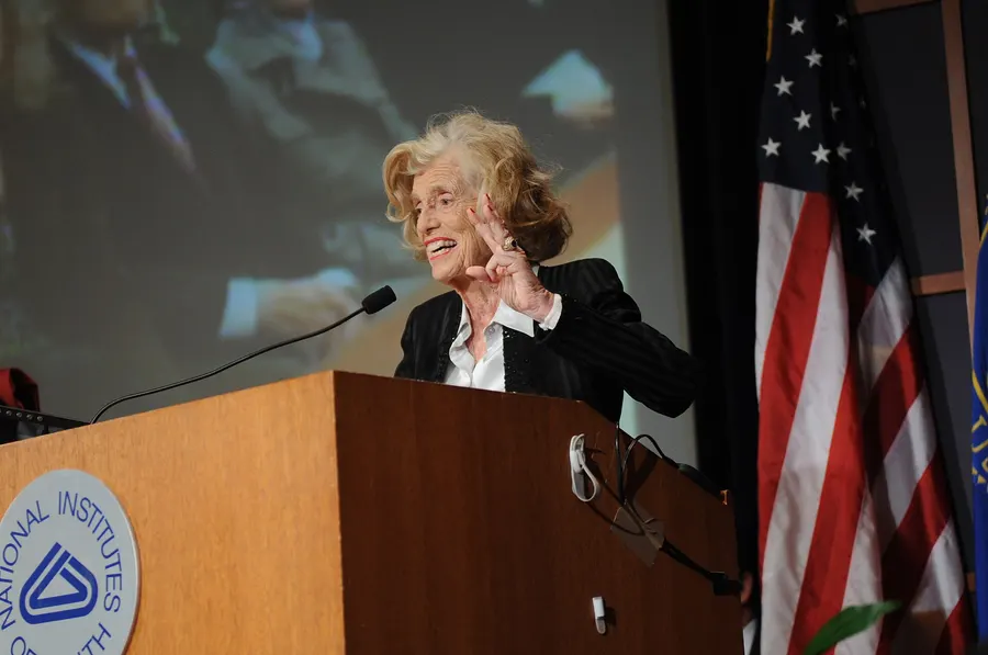 Eunice Kennedy Shriver, founder of the Special Olympics, speaking at the US National Institutes of Health