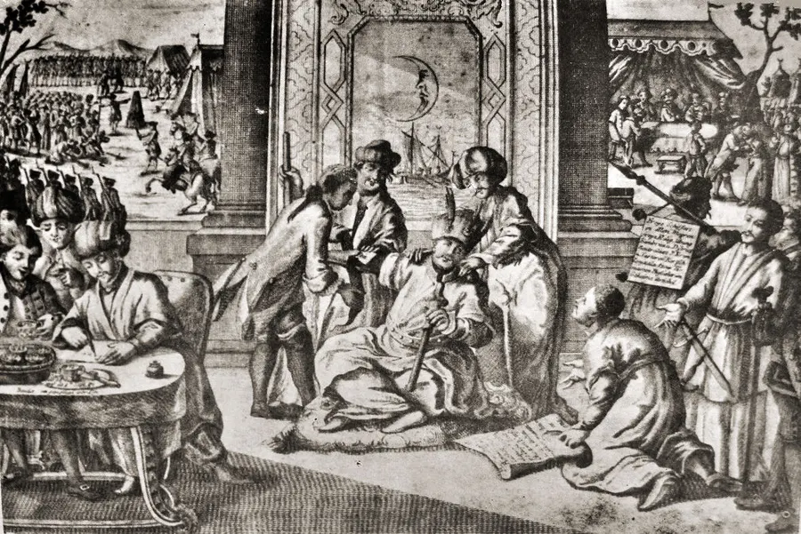 A late 18th-century allegorical engraving of the Treaty of Küçük Kaynarca, showing the Ottoman Empire losing its territories