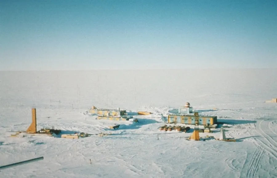Vostok Station, a cluster of buildings on the ice of the high East Antarctic plateau