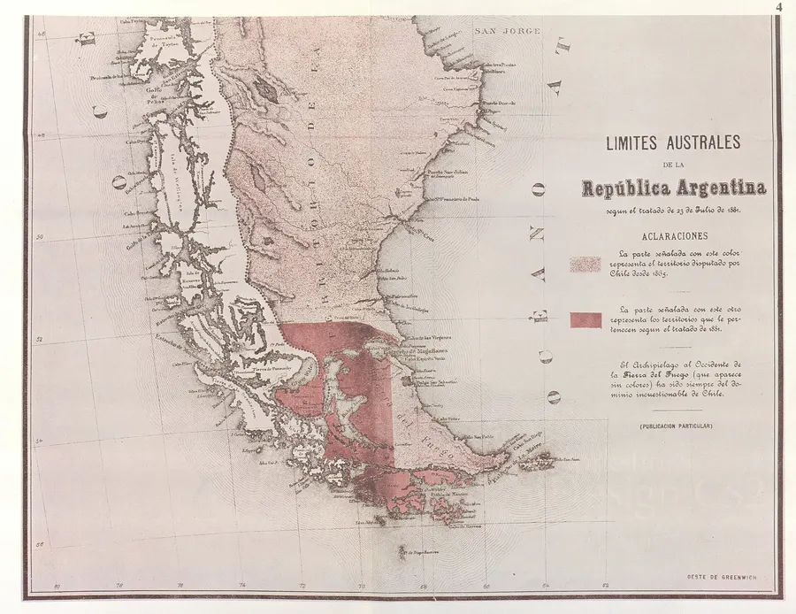 Part of an early Argentine map showing the boundary laid down by the treaty of 1881, from La Ilustración Argentina