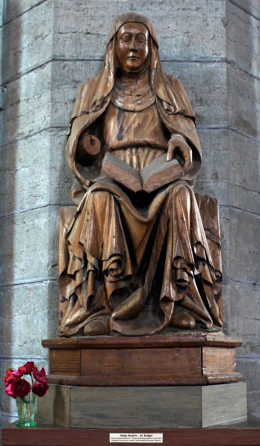 Saint Bridget in a carving at the abbey church of Vadstena, Sweden, probably from an altar consecrated in 1392