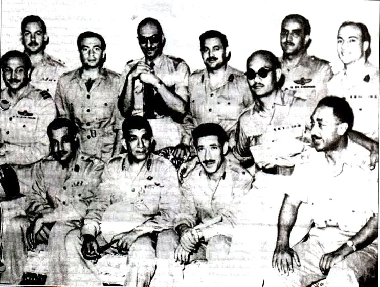Members of the Free Officers in 1952; seated in the front row are Gamal Abdel Nasser, Muhammad Naguib, Abdel Hakim Amer and Anwar Sadat