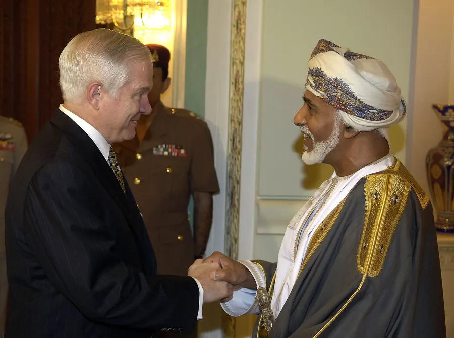 Sultan Qaboos of Oman in 2008, nearly four decades into his reign, welcoming the US defence secretary Robert Gates