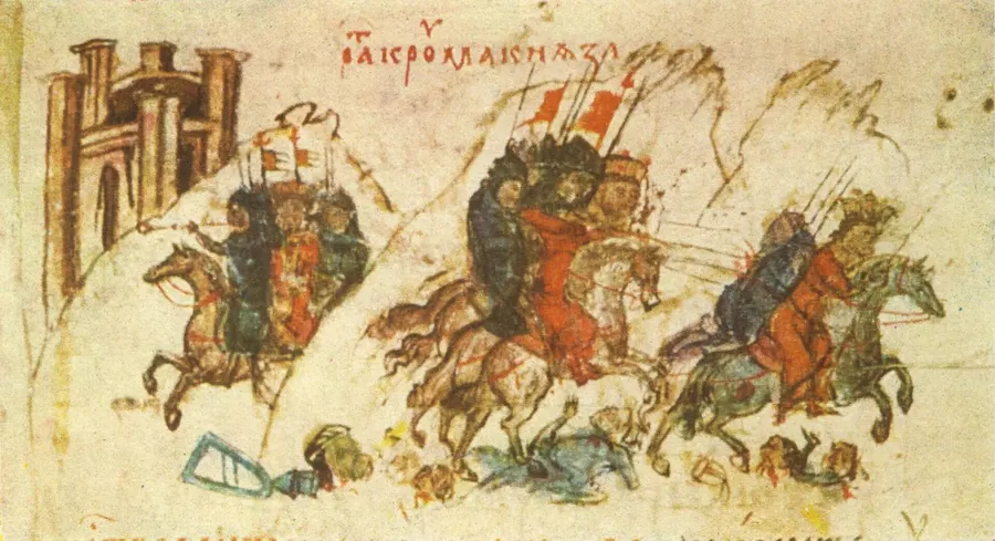 Krum's army pursues and wounds Nikephoros's son Staurakios, in a miniature from the 14th-century Bulgarian translation of the Manasses Chronicle