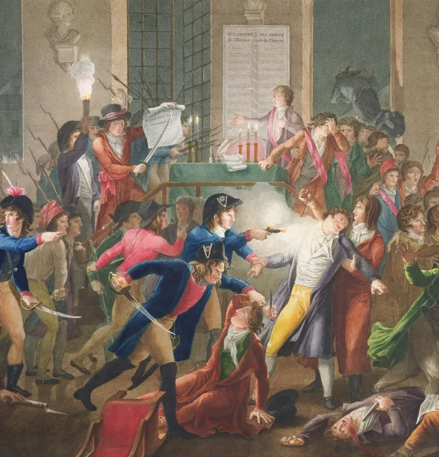 A 19th-century picture by Jean-Joseph-François Tassaert of the night of 9 Thermidor, showing the claim that a guardsman shot Robespierre in the face at the Hôtel de Ville