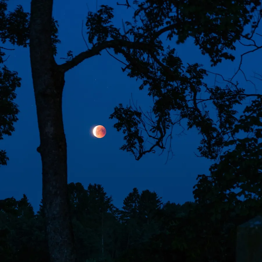 The eclipsed Moon rising red over an old cemetery at Brastad in Sweden on 27 July 2018