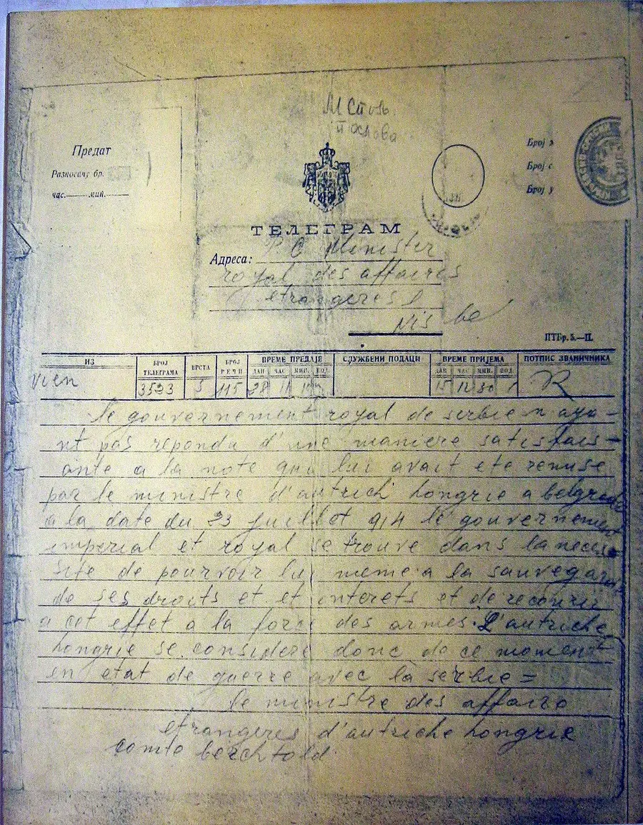 The Austro-Hungarian government's telegram of 28 July 1914 declaring war on Serbia