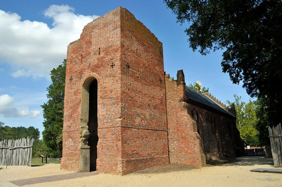 The 17th-century brick church tower at Jamestown, which stands beside the site of the wooden church where the first assembly met