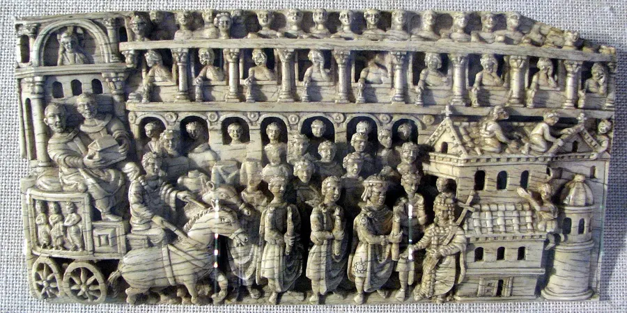 The Trier Ivory, a 5th-century carving from Constantinople of a procession bringing holy relics; the empress receiving them is sometimes identified as Pulcheria