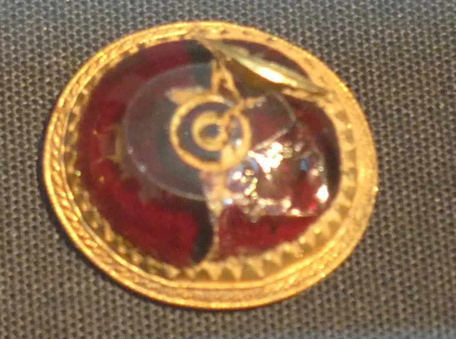 A gold sword fitting set with garnets, one of the pieces found in the Staffordshire Hoard