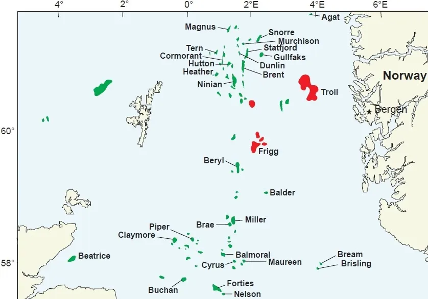 A map of the northern North Sea oil and gas fields, with the Piper field east of Orkney
