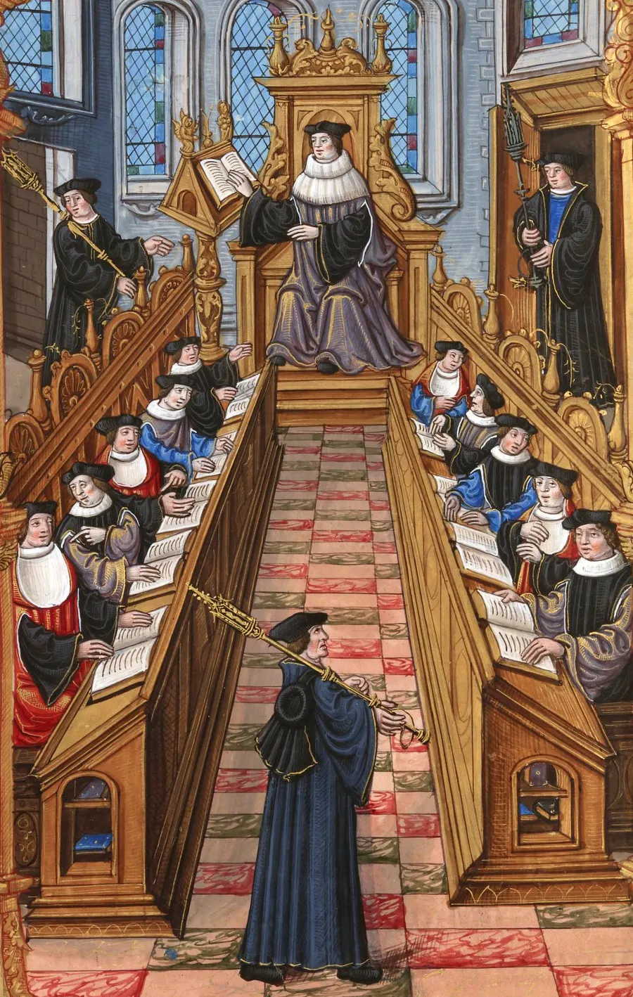 Doctors of the University of Paris in session, in a French illuminated manuscript of the early 16th century; the university's theologians had helped condemn Joan in 1431