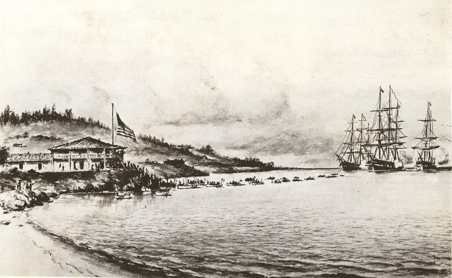 An early view of Monterey with the US flag flying ashore and American warships at anchor in the bay
