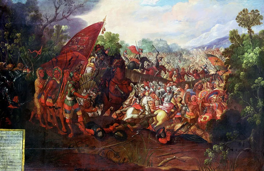 The Battle of Otumba in a painting from the Spanish colonial era, with mounted Spaniards in the thick of the fighting