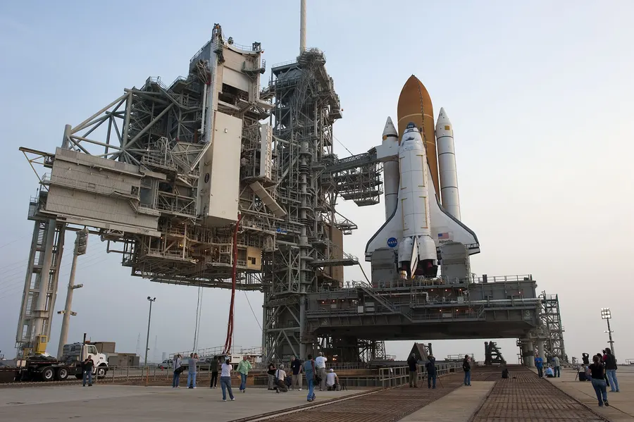 Atlantis on Launch Pad 39A at the Kennedy Space Center, with its cargo being loaded, before its final flight in 2011