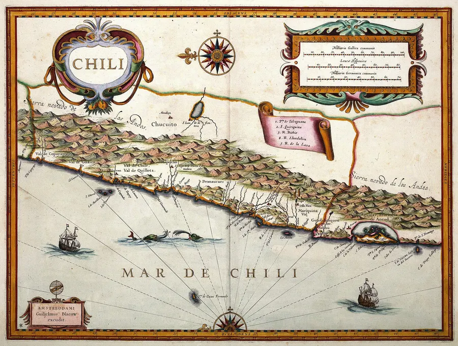 A 17th-century Dutch map of Chile from the Van der Hagen atlas, with the Pacific coast along the bottom