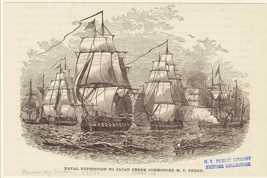 A 19th-century engraving of Commodore Perry's squadron on its expedition to Japan, from the New York Public Library's picture collection