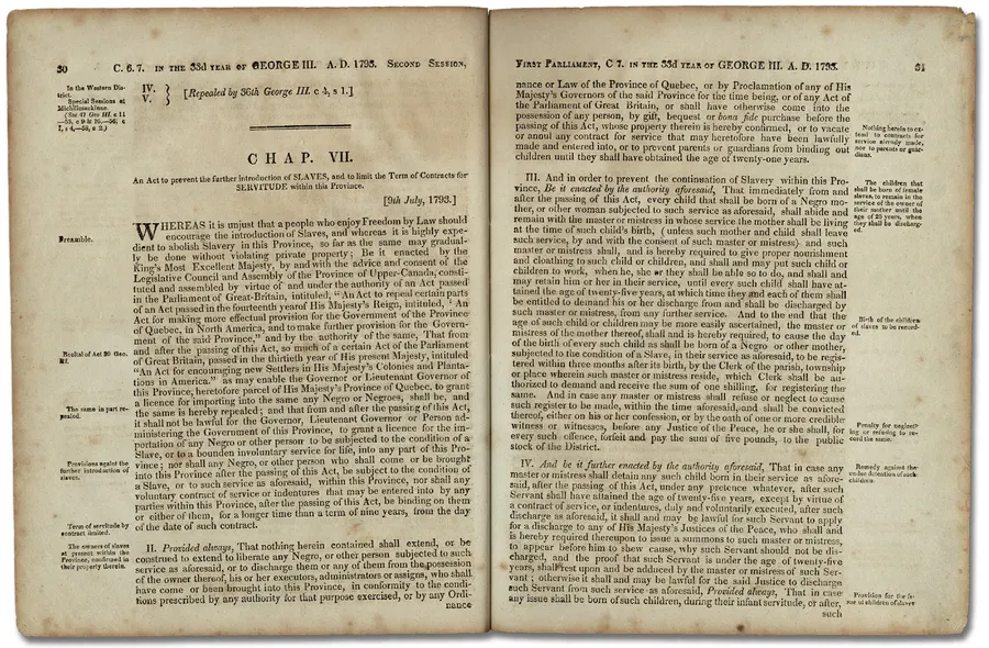 The printed text of Upper Canada's 1793 act to limit slavery