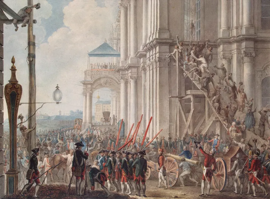 Guardsmen and crowds hail Catherine on a palace balcony in St Petersburg in 1762, in a print after Joachim Kaestner