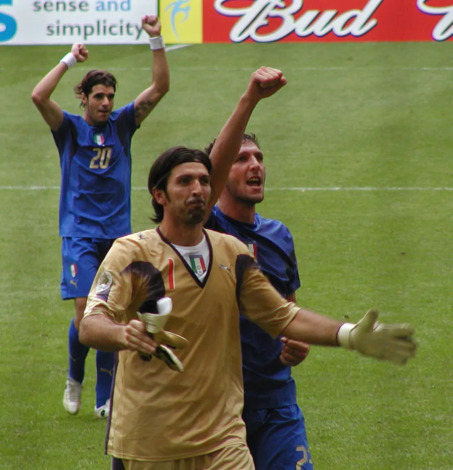 Italy's goalkeeper Gianluigi Buffon with Marco Materazzi and Simone Perrotta at the 2006 World Cup in Germany