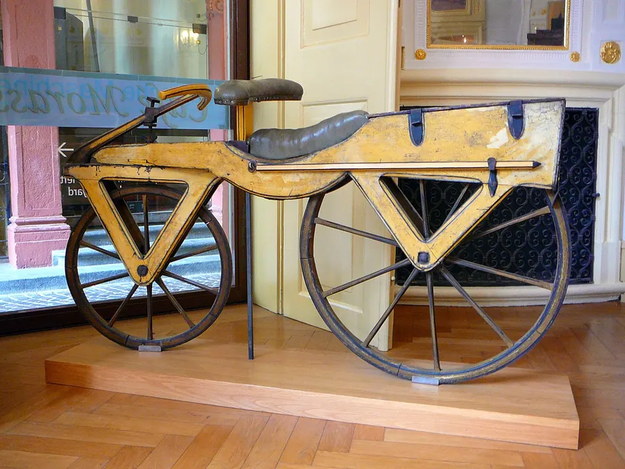 A wooden draisine, or running machine, from around 1820, the forerunner of the bicycle