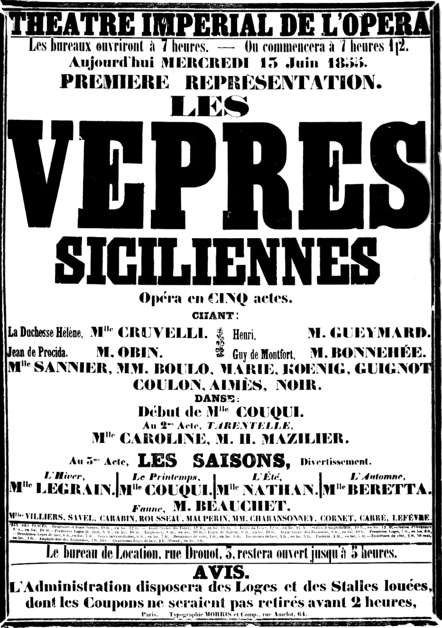 The Paris Opéra's poster for the first performance of Les Vêpres siciliennes on Wednesday 13 June 1855