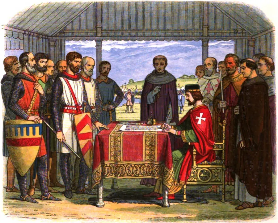 King John and the barons with the Great Charter at Runnymede, a Victorian colour engraving after James William Edmund Doyle