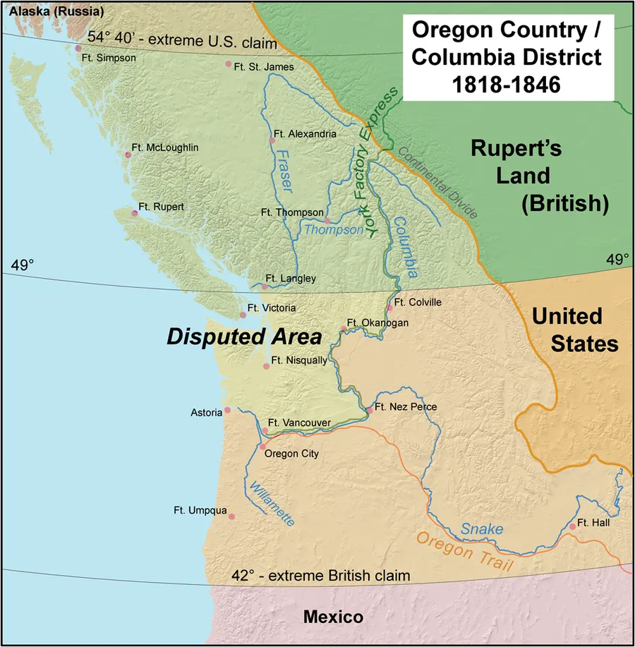 A map of the Oregon Country, showing the disputed area between the rival British and American claims before 1846