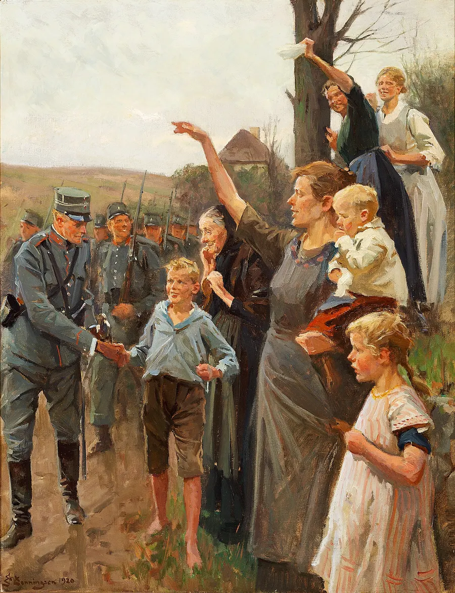 Danish soldiers greeted by local people on their march into North Schleswig, painted by Erik Henningsen in 1920