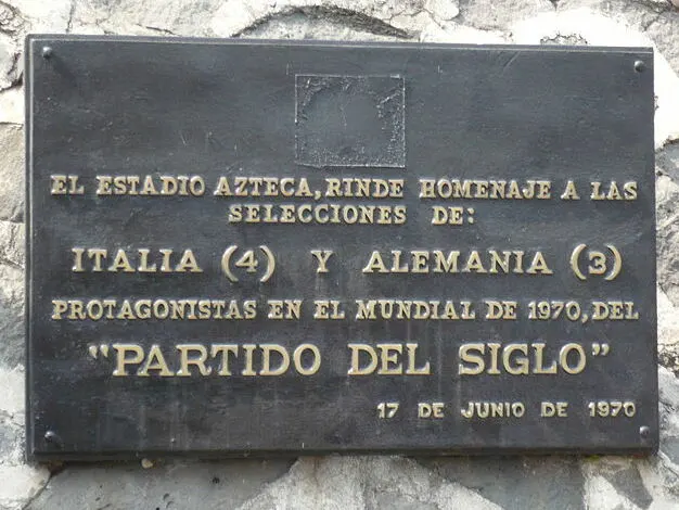 The plaque at the Estadio Azteca in Mexico City honouring Italy and Germany for the 'Partido del Siglo' of 17 June 1970