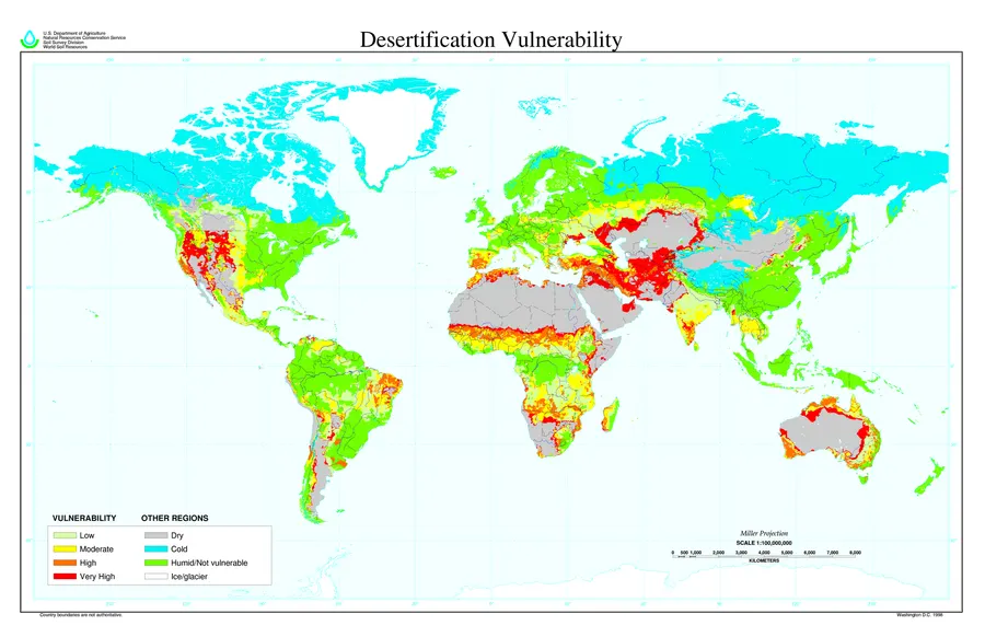 A world map of desertification vulnerability, prepared by the US Department of Agriculture