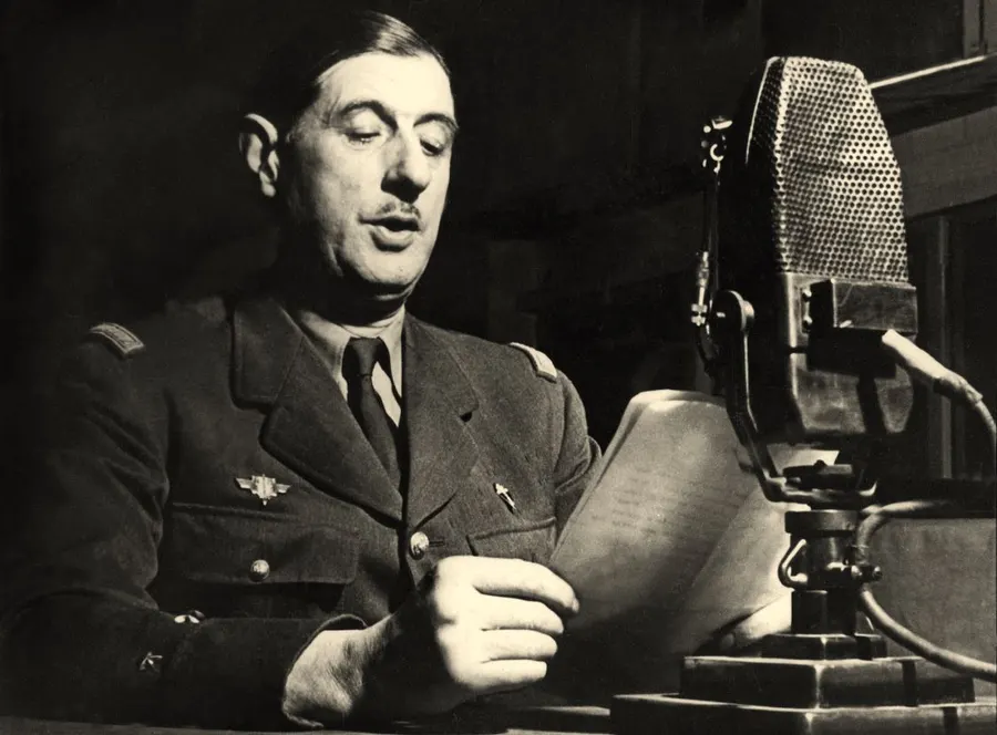 General Charles de Gaulle at a BBC microphone in London, photographed in October 1941