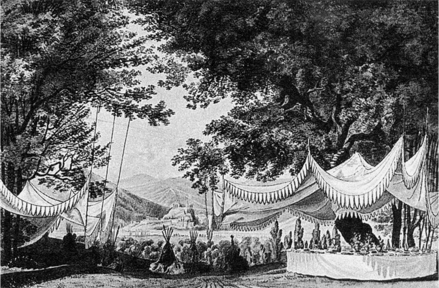 Set design for the finale of Act 3 of Der Freischütz, as staged at the Berlin premiere in 1821