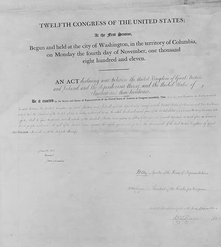 The act of Congress declaring war on the United Kingdom, signed by President James Madison in June 1812