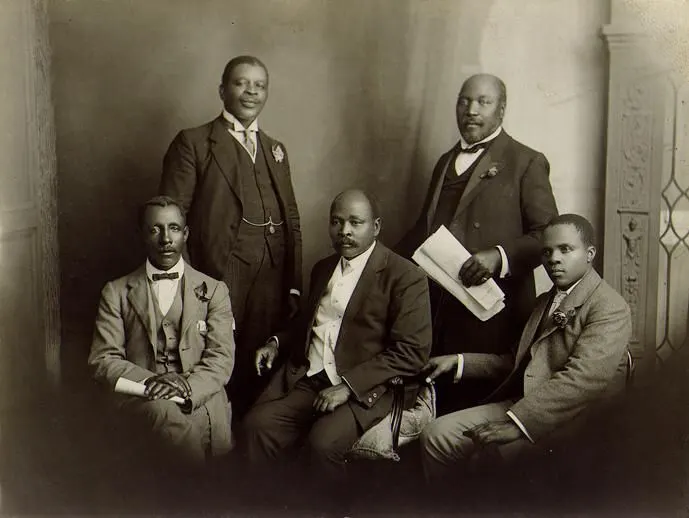 The South African Native National Congress delegation that sailed to London in 1914 to protest against the Land Act; Sol Plaatje is seated on the right