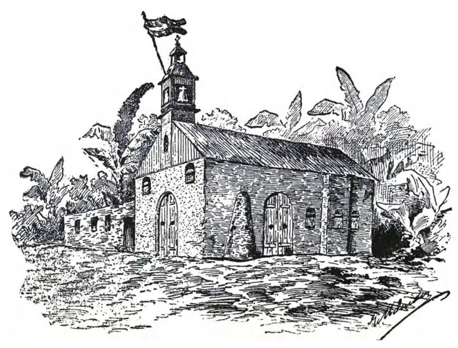 The church of Baler, drawn for Martín Cerezo's own account of the siege