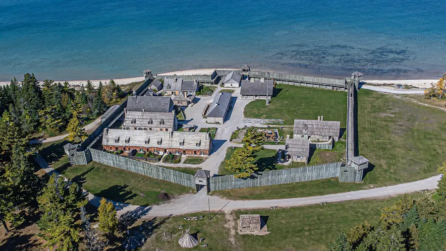 The reconstructed Fort Michilimackinac at Mackinaw City, Michigan, seen from the air